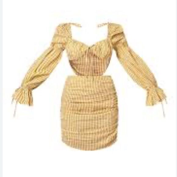 Prettylittlething Chartreuse Gingham Cut Out Ruched Bodycon Puff Sleeve Dress - Picture 3 of 8